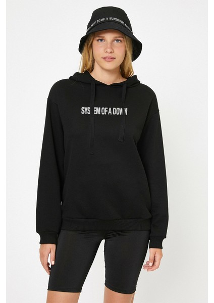 System Of A Down Baskılı Siyah Kadın Örme Kapşonlu Sweatshirt Uzun Kol