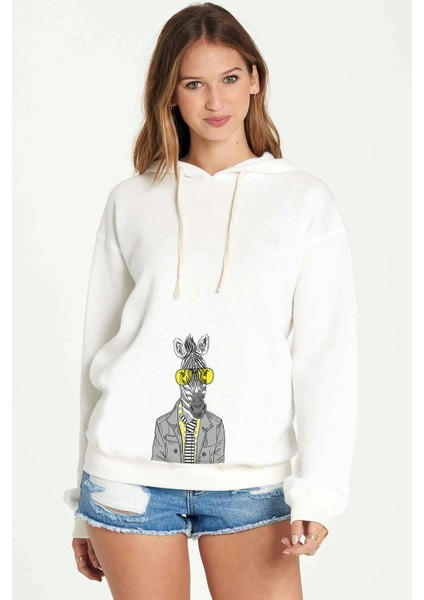 Zebra Potikare Zebra Ceket ve Güneş Baskılı Beyaz Kadın Örme Kapşonlu Sweatshirt Uzun Kol