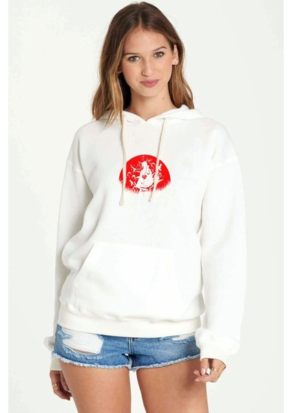 Uchiha Itachi Baskılı Beyaz Kadın Örme Kapşonlu Sweatshirt Uzun Kol