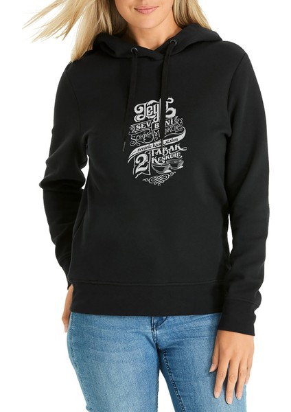 Leyla Sev Beni Baskılı Siyah Kadın Örme Kapşonlu Sweatshirt Uzun Kol