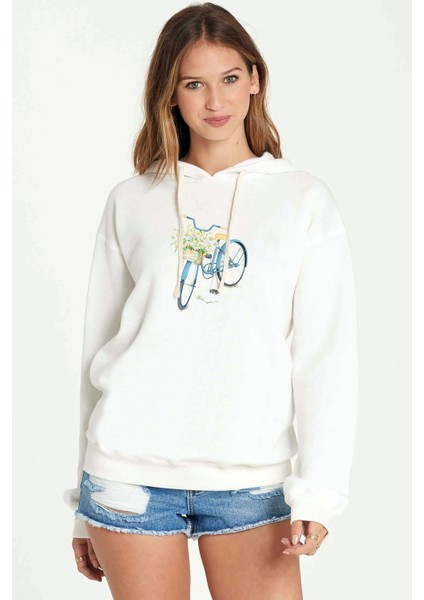 Watercolor Bicycle Baskılı Kadın Örme Kapüşonlu Beyaz Sweatshirt Uzun Kol