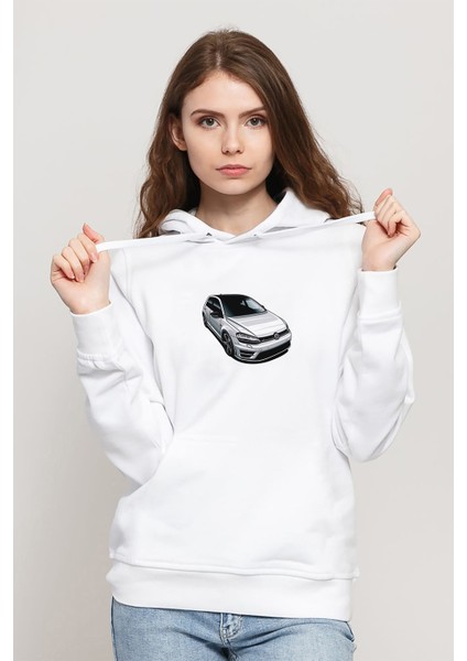 Vw Golf R Baskılı Beyaz Kadın Örme Kapşonlu Sweatshirt Uzun Kol