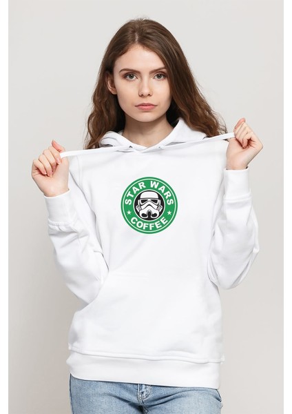 Star Wars Coffee Baskılı Beyaz Kadın Örme Kapşonlu Sweatshirt Uzun Kol