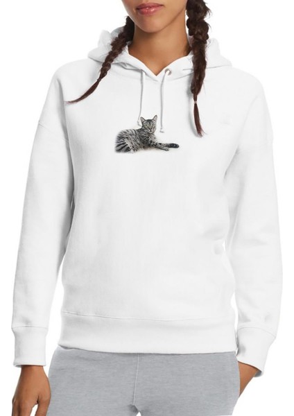 Kedi Cad Baskılı Beyaz Kadın Örme Kapşonlu Sweatshirt Uzun Kol