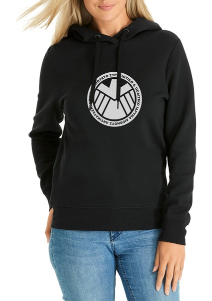 H I E L D Baskılı Siyah Kadın Örme Kapşonlu Sweatshirt Uzun Kol