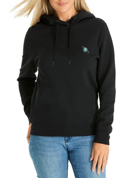 Uranüs Baskılı Siyah Kadın Örme Kapşonlu Sweatshirt Uzun Kol