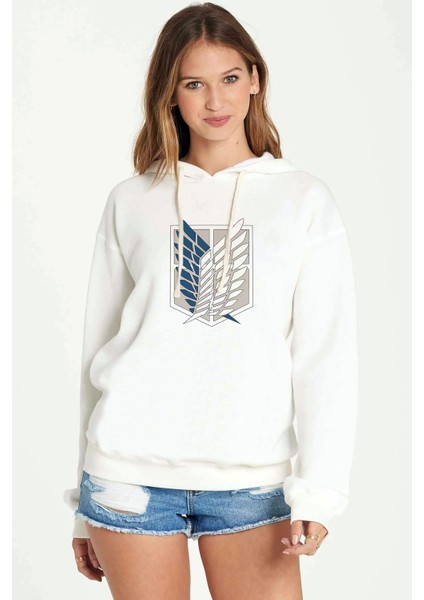 Attack On Titan Amblem Logo Baskılı Beyaz Kadın Örme Kapşonlu Sweatshirt Uzun Kol