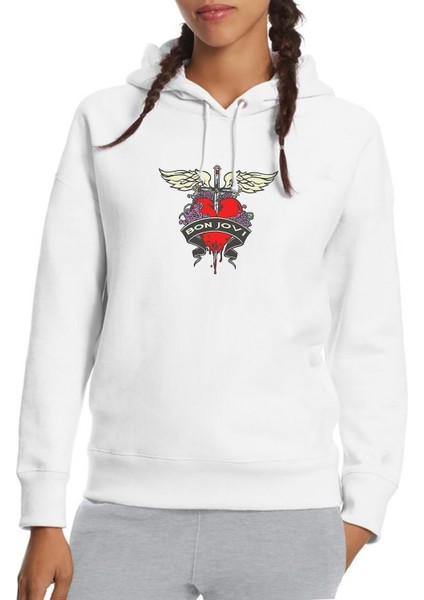 Bon Jovı Heart Baskılı Beyaz Kadın Örme Kapşonlu Sweatshirt Uzun Kol