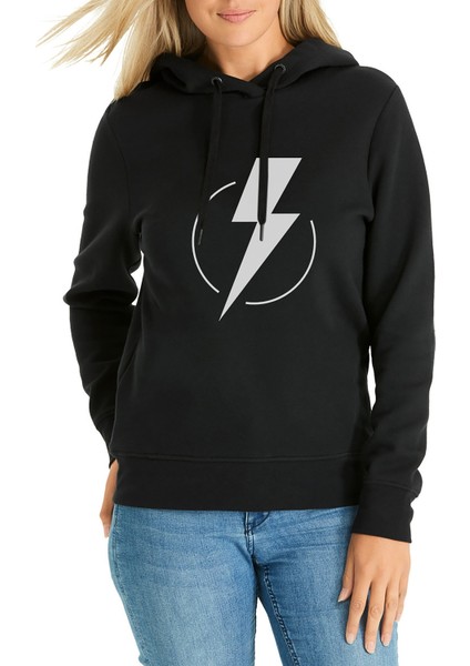 Flash Lightning Baskılı Siyah Kadın Örme Kapşonlu Sweatshirt Uzun Kol