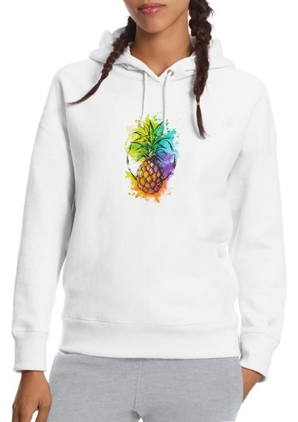 Ananas Kokteyl Suluboya Resim Punch Dövme Baskılı Beyaz Kadın Örme Kapşonlu Sweatshirt Uzun Kol