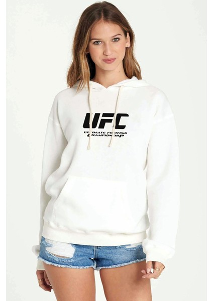 Ultimate Fighting Championship Baskılı Beyaz Kadın Örme Kapşonlu Sweatshirt Uzun Kol