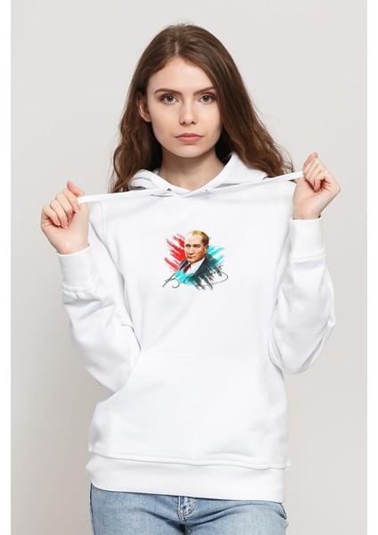 Tc Ulu Önder Mustafa Kemal Atatürk Baskılı Beyaz Kadın Örme Kapşonlu Sweatshirt Uzun Kol