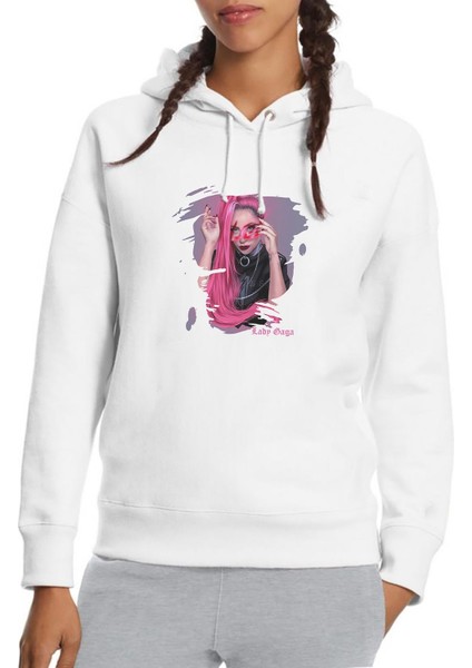 Lady Gaga Beauul Dirty Rich Baskılı Beyaz Kadın Örme Kapşonlu Sweatshirt Uzun Kol