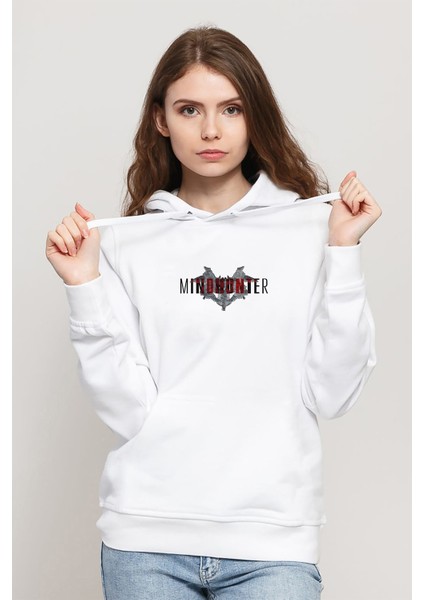 Mindhunter Yarasa Baskılı Beyaz Kadın Örme Kapşonlu Sweatshirt Uzun Kol