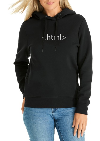Html Baskılı Siyah Kadın Örme Kapşonlu Sweatshirt Uzun Kol