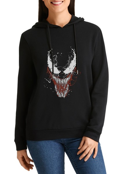 Venom 2 Baskılı Siyah Kadın Örme Kapşonlu Sweashirt Uzun Kol