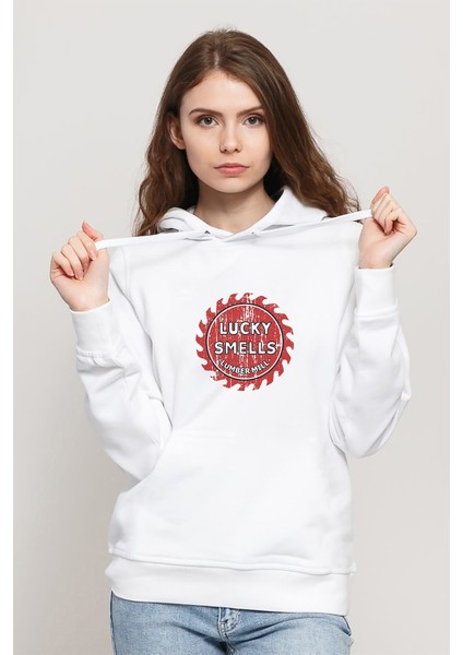 A Series Of Unfortunate Events Lucky Smells Lumber Mill Baskılı Beyaz Kadın Örme Kapşonlu Sweatshirt