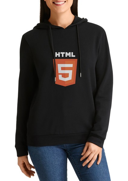Html 5 Baskılı Siyah Kadın Örme Kapşonlu Sweatshirt Uzun Kol