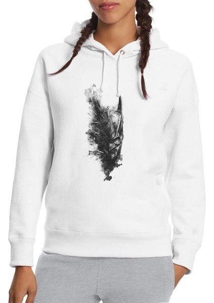 Skull Baskılı Beyaz Kadın Örme Kapşonlu Sweatshirt Uzun Kol