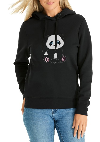 Panda Baskılı Siyah Kadın Örme Kapşonlu Sweatshirt Uzun Kol