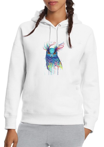 Renkli Baykuş Pop Art Illüstrasyon Baykuş Baskılı Beyaz Kadın Örme Kapşonlu Sweatshirt Uzun Kol