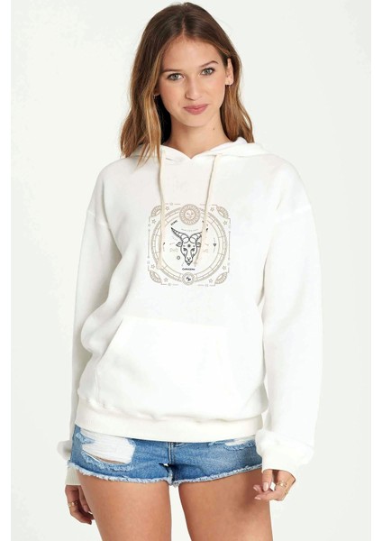 Burç Oğlak Capricorn Baskılı Beyaz Kadın Örme Kapşonlu Sweatshirt Uzun Kol