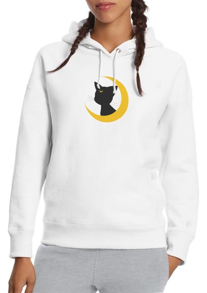 Silhouette Luna Baskılı Beyaz Kadın Örme Kapşonlu Sweatshirt Uzun Kol