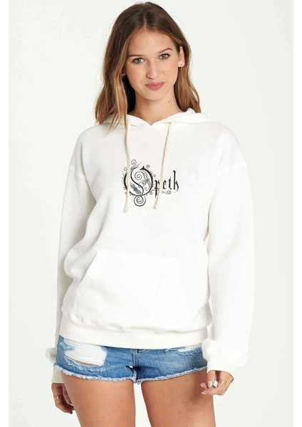 Opeth Logo Baskılı Beyaz Kadın Örme Kapşonlu Sweatshirt Uzun Kol
