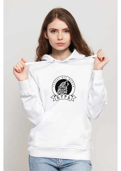 Göktürk Tengri Biz Menen Baskılı Beyaz Kadın Örme Kapşonlu Sweatshirt Uzun Kol