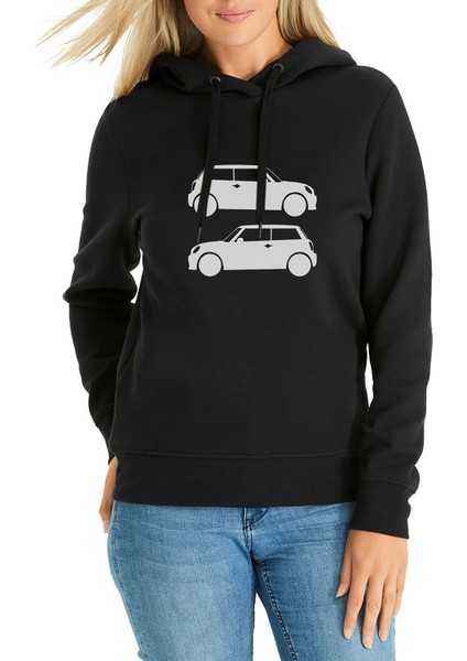 Mini Cooper Baskılı Siyah Kadın Örme Kapşonlu Sweatshirt Uzun Kol