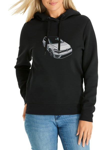 Vw Golf R Baskılı Siyah Kadın Örme Kapşonlu Sweatshirt Uzun Kol