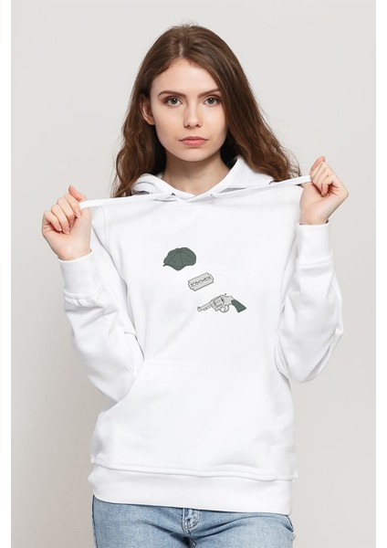 Peaky Blinders Hat & Razor Blade & Gun Baskılı Beyaz Kadın Örme Kapşonlu Sweatshirt Uzun Kol