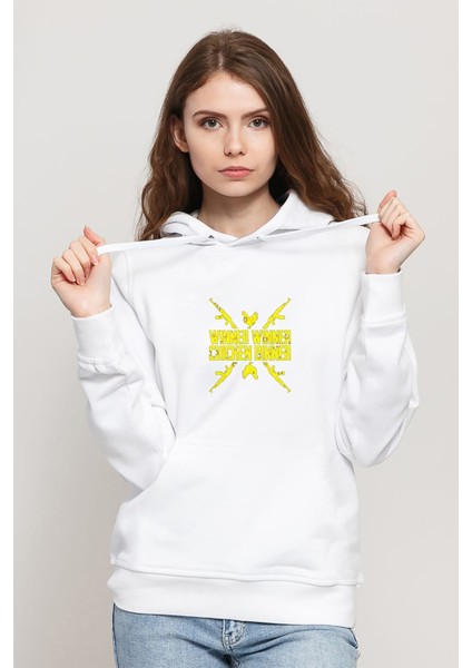 Winner Ak 47 Baskılı Beyaz Kadın Örme Kapşonlu Sweatshirt Uzun Kol