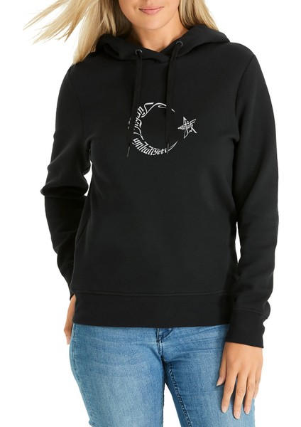 Türkiye Cumhurıyeti Atatürk Baskılı Siyah Kadın Örme Kapşonlu Sweatshirt Uzun Kol
