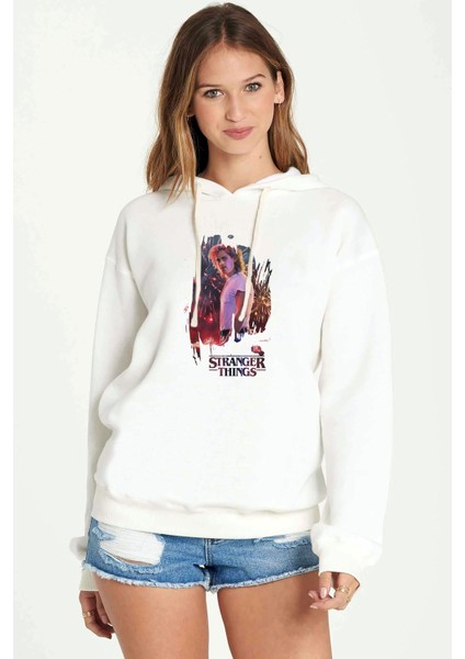 Stranger Things Billy Wallpaper Baskılı Kadın Örme Kapüşonlu Beyaz Sweatshirt Uzun Kol