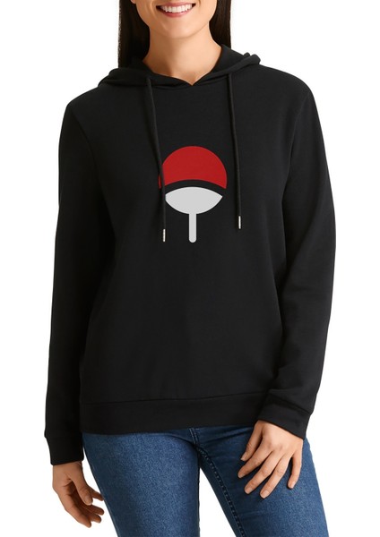 Uchiha Clan Baskılı Siyah Kadın Örme Kapşonlu Sweatshirt Uzun Kol