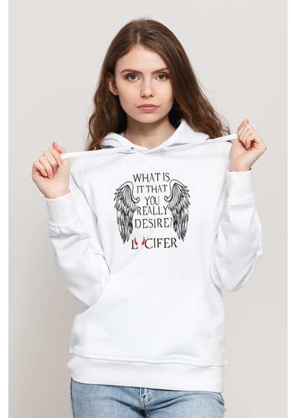 Lucifer What Is It That You Really Desire Baskılı Kadın Örme Kapüşonlu Beyaz Sweatshirt Uzun Kol