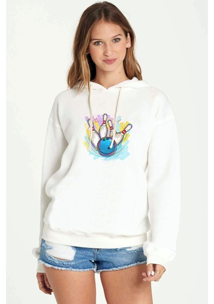 Bowling Topu Baskılı Beyaz Kadın Örme Kapşonlu Sweatshirt Uzun Kol