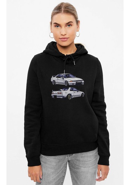 Nissan Skyline R32 Gt R Baskılı Siyah Kadın Örme Kapşonlu Sweashirt Uzun Kol