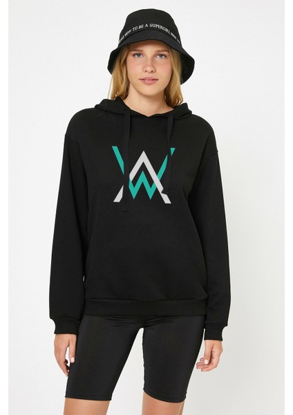 Walker Logo Baskılı Siyah Kadın Örme Kapşonlu Sweatshirt Uzun Kol