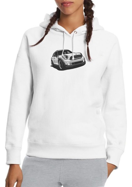 Mini Cooper Baskılı Beyaz Kadın Örme Kapşonlu Sweatshirt Uzun Kol