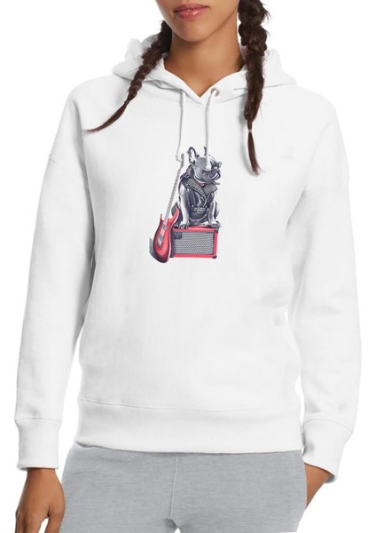French Bulldog Biker Rocker Dog Baskılı Beyaz Kadın Örme Kapşonlu Sweatshirt Uzun Kol