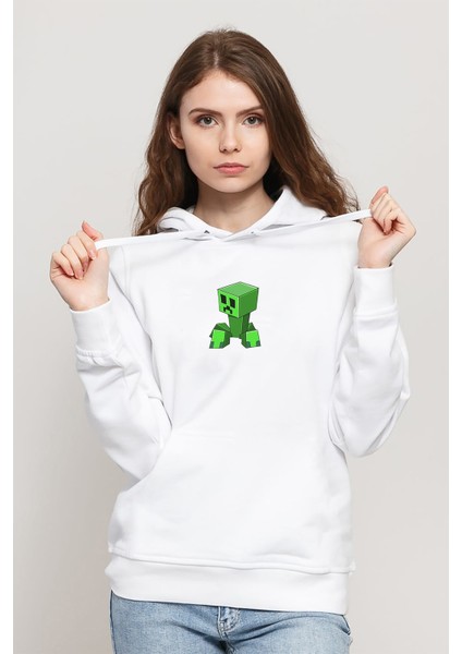 Minecraft Creepers Gonna Creep Siyah Çocuk Baskılı Beyaz Kadın Örme Kapşonlu Sweatshirt Uzun Kol