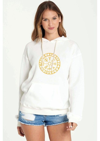 Viking Compass Logo Baskılı Beyaz Kadın Örme Kapşonlu Sweatshirt Uzun Kol