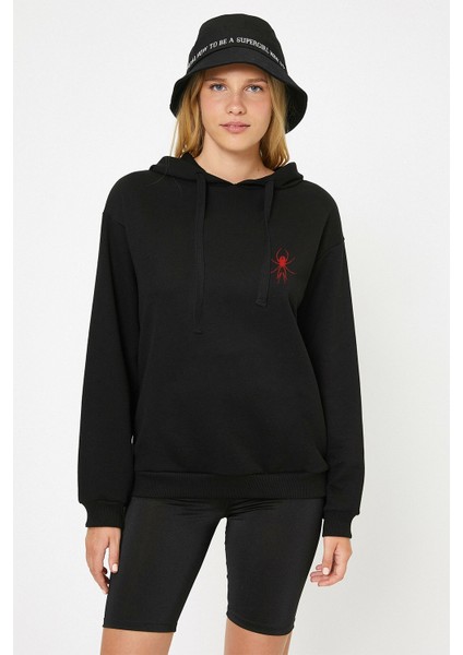 Red Spider Kırmızı Örümcek Baskılı Siyah Kadın Örme Kapşonlu Sweatshirt Uzun Kol