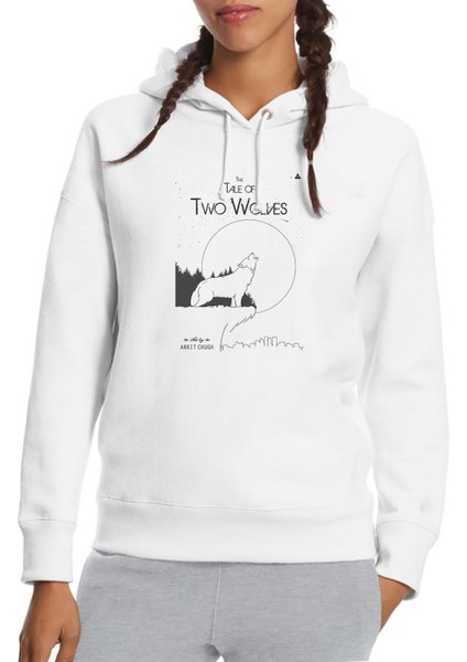 Tale Of Two Wolves Graphic Novel Baskılı Beyaz Kadın Örme Kapşonlu Sweatshirt Uzun Kol
