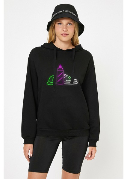 Grafitti Neon Light Baskılı Siyah Kadın Örme Kapşonlu Sweatshirt Uzun Kol