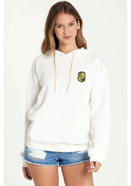 Hufflepuff H P Baskılı Beyaz Kadın Örme Kapşonlu Sweatshirt Uzun Kol