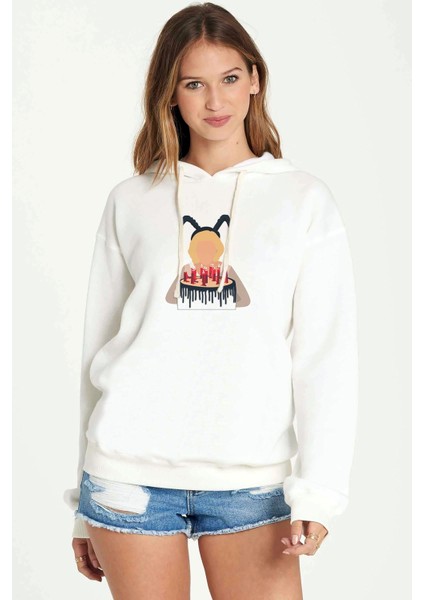 Chilling Adventures Of Sabrina Birthday Cake Baskılı Kadın Örme Kapüşonlu Beyaz Sweatshirt Uzun Kol