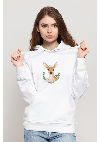 Watercolor Deer Baskılı Beyaz Kadın Örme Kapşonlu Sweatshirt Uzun Kol